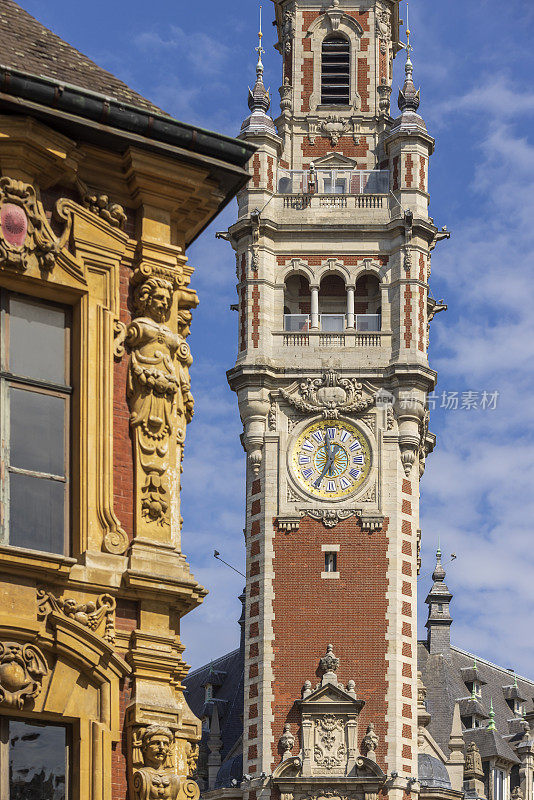 Tower of the Chamber of Commerce in the French city of Lille on the Place du Théâtre. The building was built between 1910 and 1921 and was designed by architect Louis Marie Cordonnier
